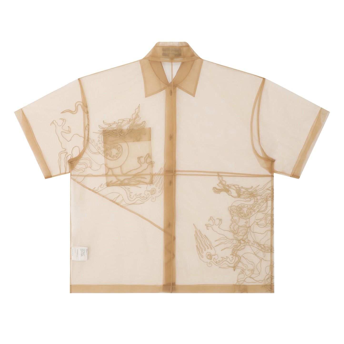 Khaki Dragon Embroidery Mesh Short Sleeves Shirt