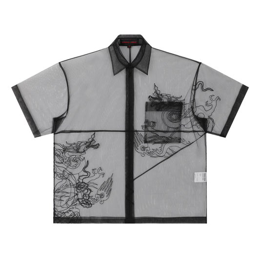 Black Dragon Embroidery Mesh Short Sleeves Shirt