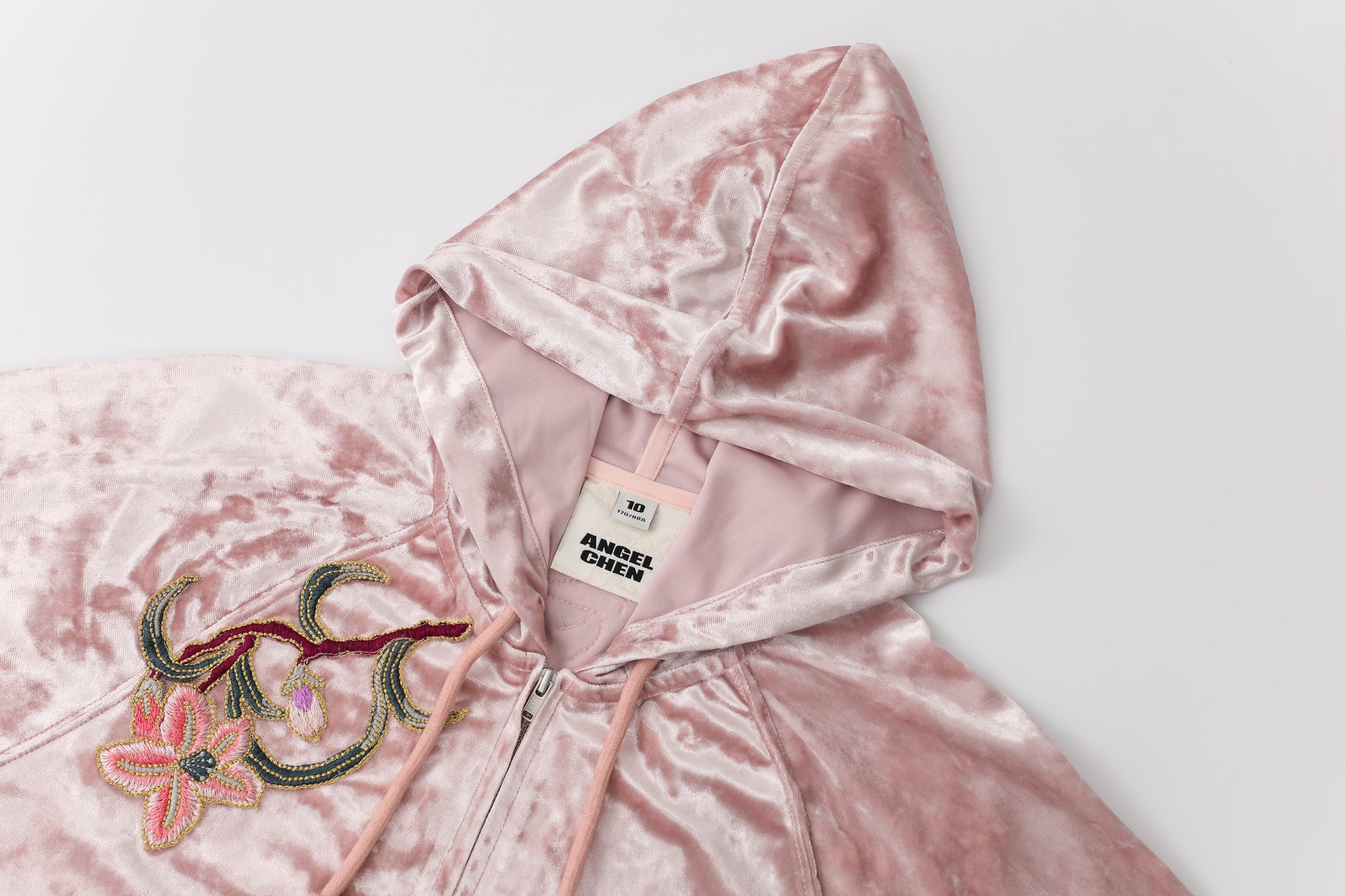 Pink Floral Embroidery Velour Hoodie