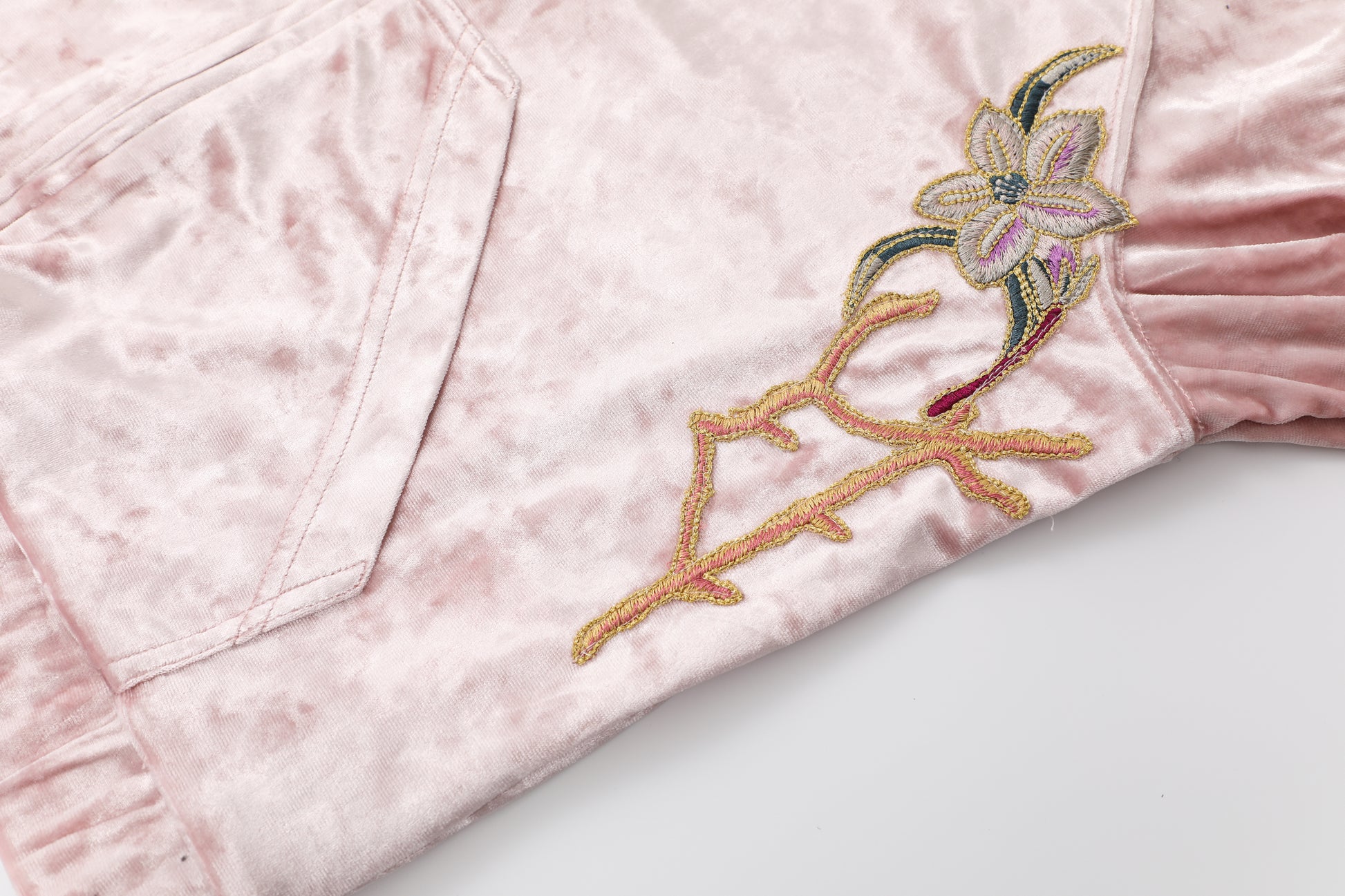 Pink Floral Embroidery Velour Hoodie