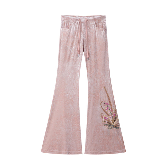 Pink Floral Embroidery Velour Trousers