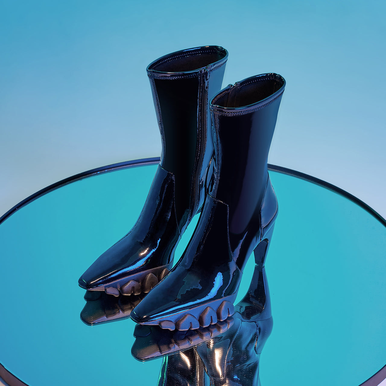 ANGEL CHEN PATENT LEATHER DRAGON TEETH HIGH HEEL ANKLE BOOTS