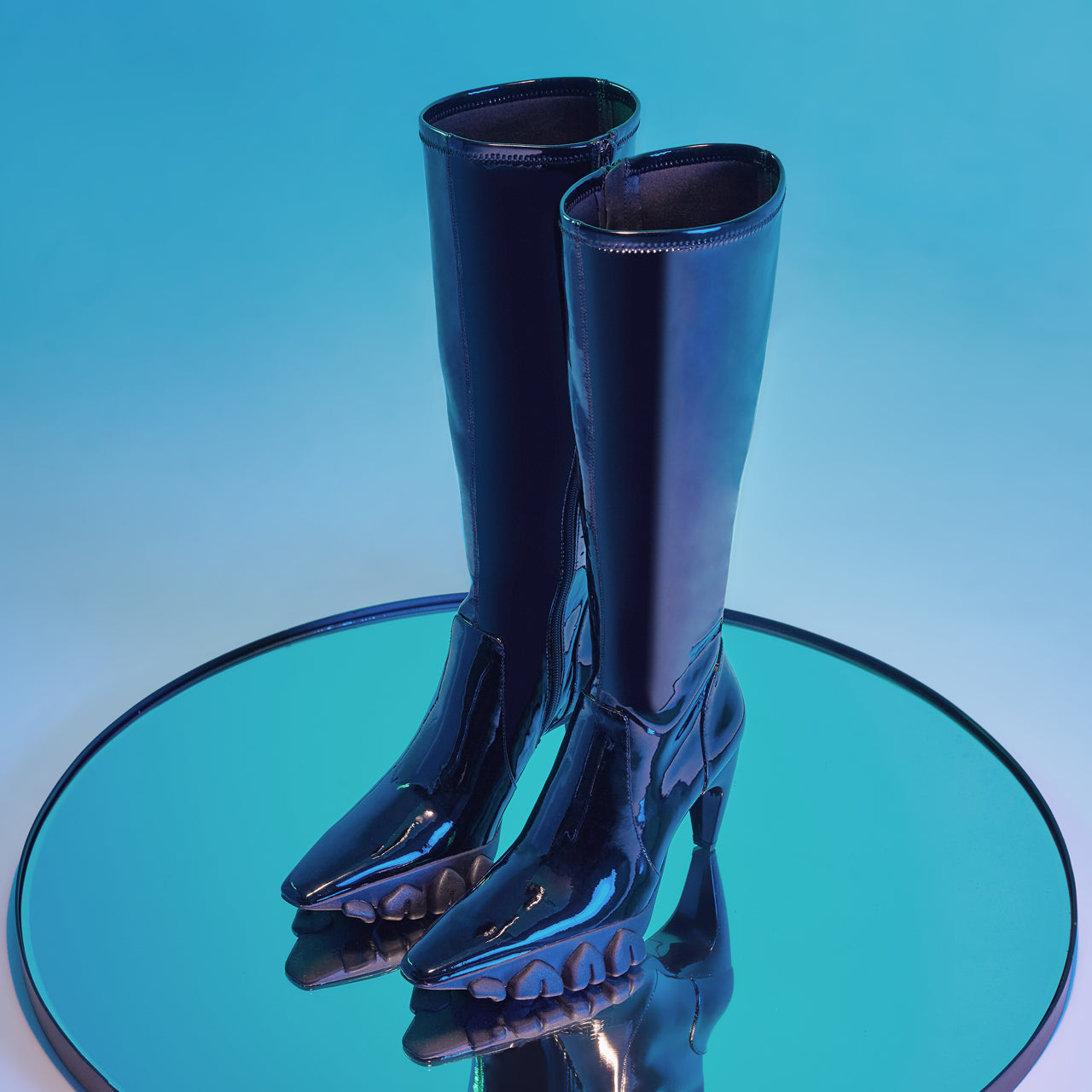 ANGEL CHEN PATENT LEATHER DRAGON TEETH KNEE-LENGTH BOOTS