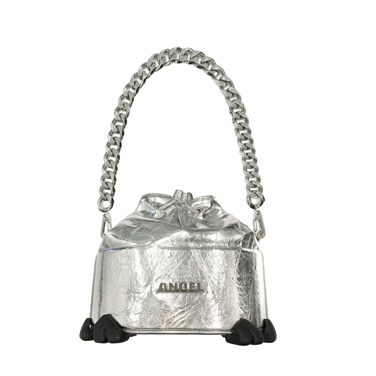 ANGEL CHEN SILVER LEATHER DRAGON TOOTH DRAWSTRING BAG